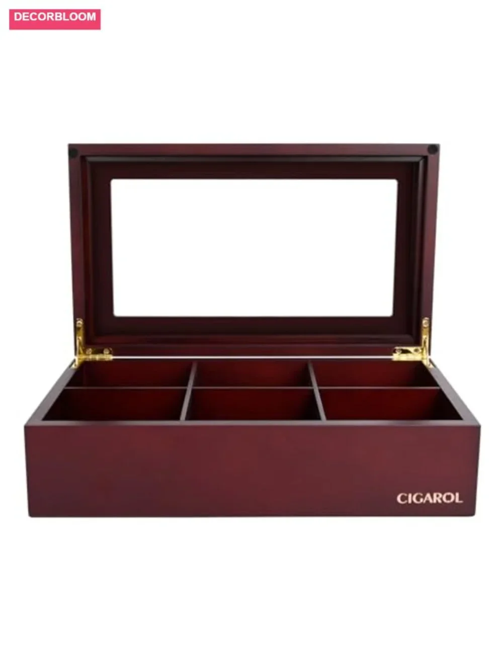 6-Compartment Wooden Tea Box with Glass Lid - Storage for Tea Bags, Coffee